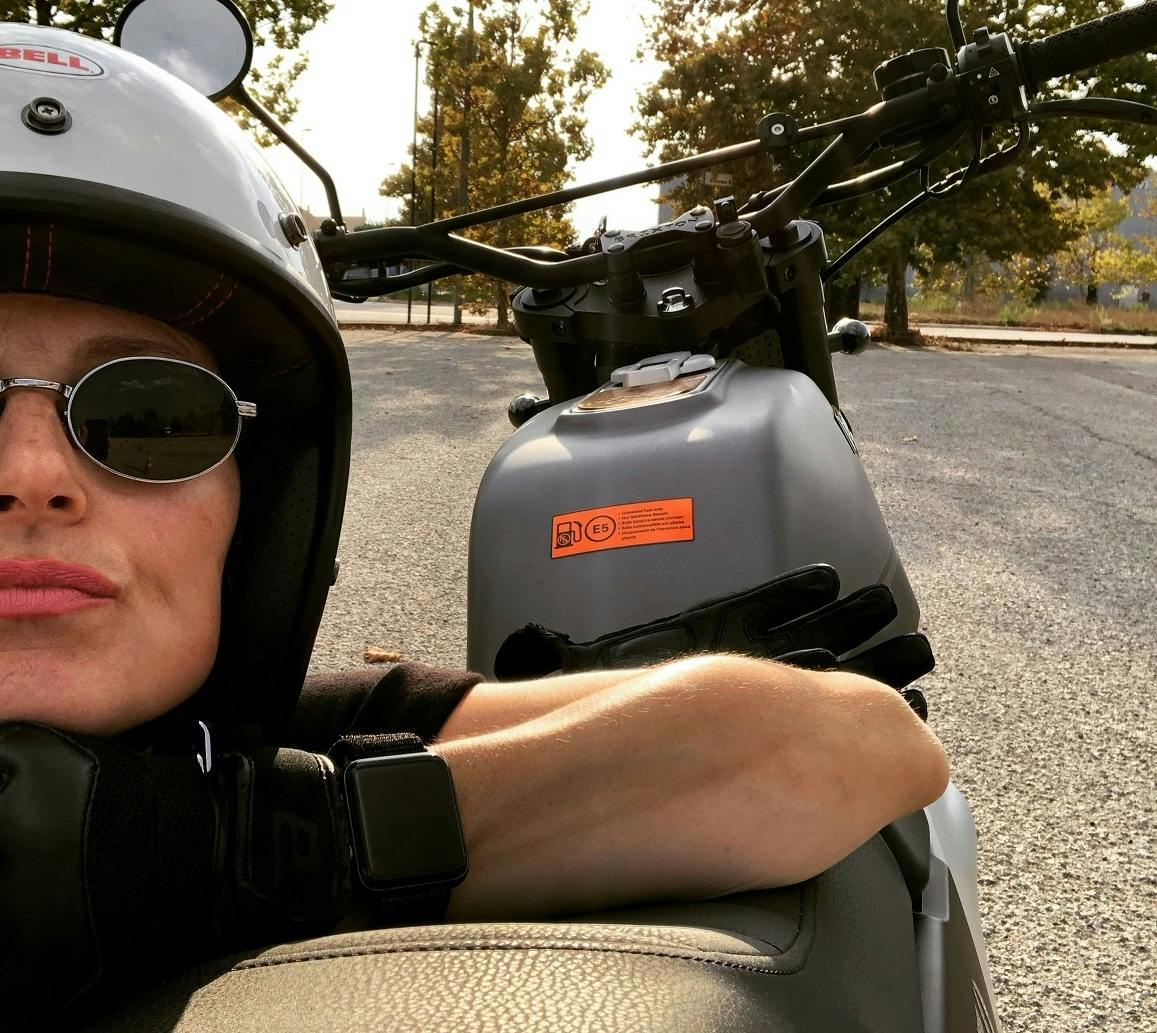 Selfie of Rider of the Month Malgorzata on her Brixton Felsberg 250 in Timberwolf Grey