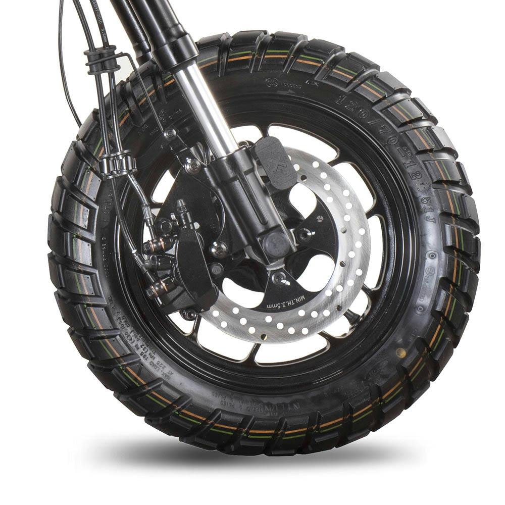 Brixton Crossfire 125 XS close-up of the front tyre and braking system