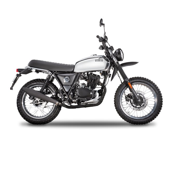 Brixton Felsberg 125 XC in Bullet Silver on a white background