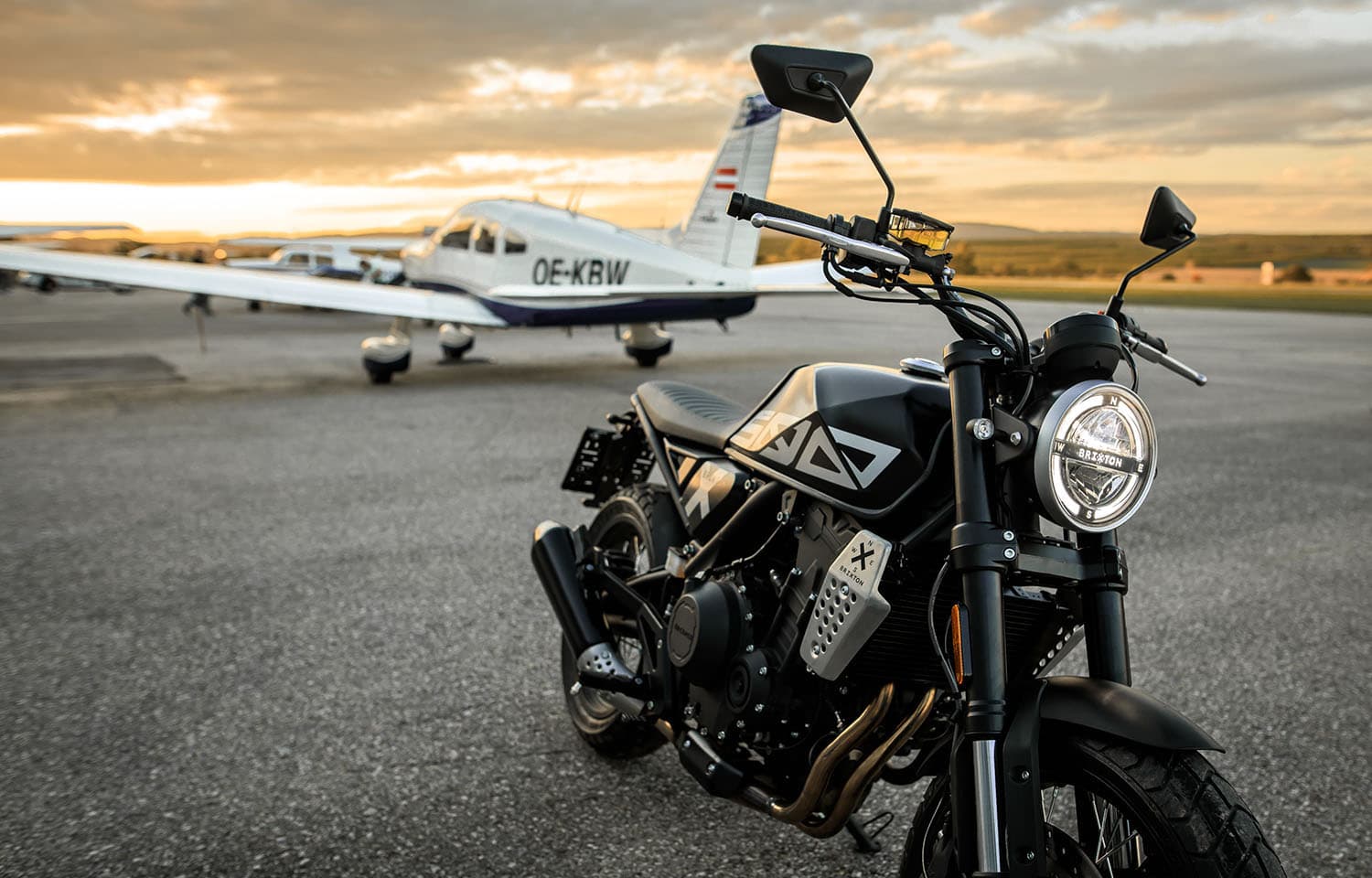 Brixton Crossfire 500 X in Backstage Black on an airfield