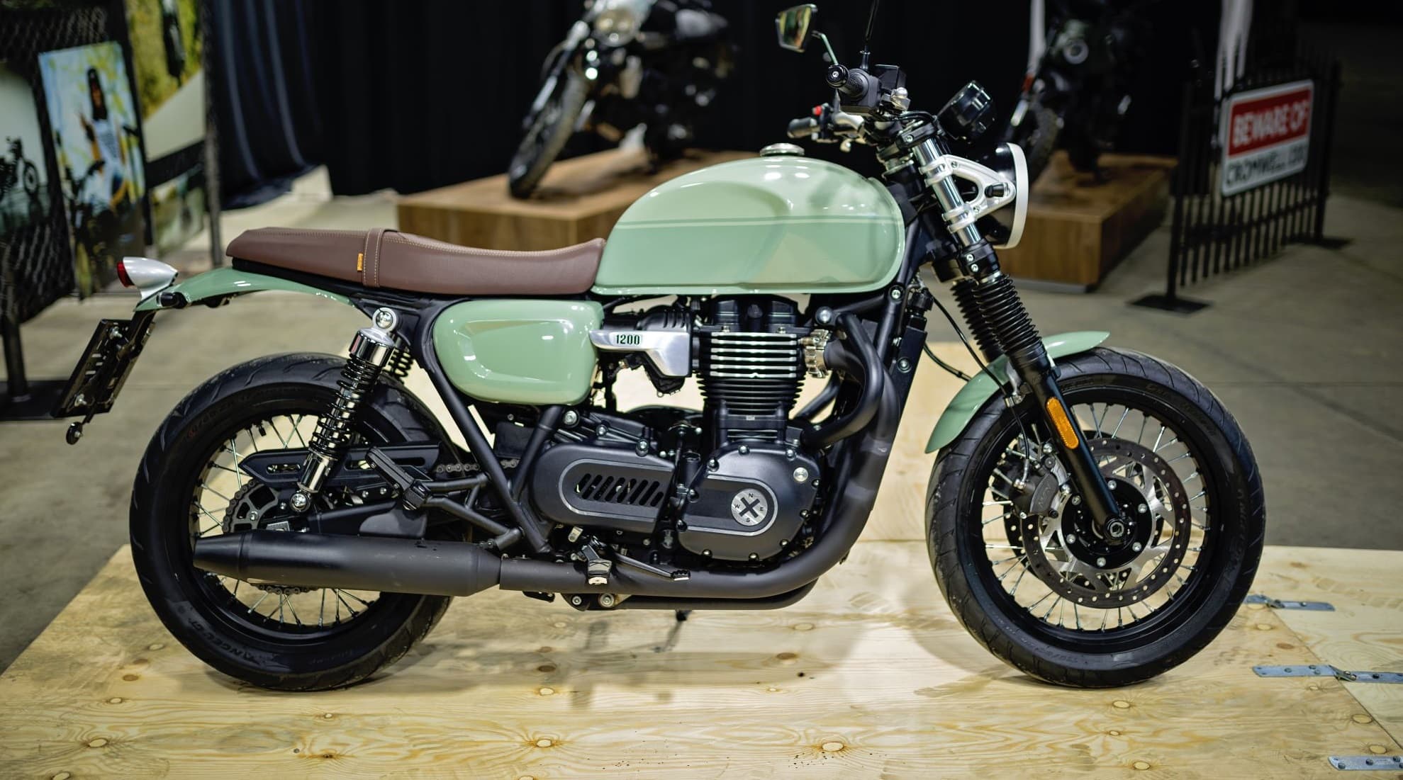 Landscape photo of the Brixton Cromwell 1200 in Cargo Green photographed in a showroom