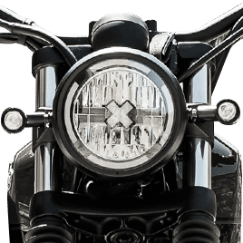 Close-up of the headlight of the Brixton Cromwell 125