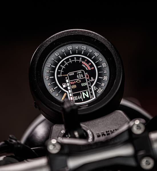 Close-up of the tachometer and display of a Brixton Cromwell 1200 motorcycle