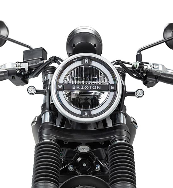 Close-up of the headlights of a Brixton Cromwell 1200 motorcycle