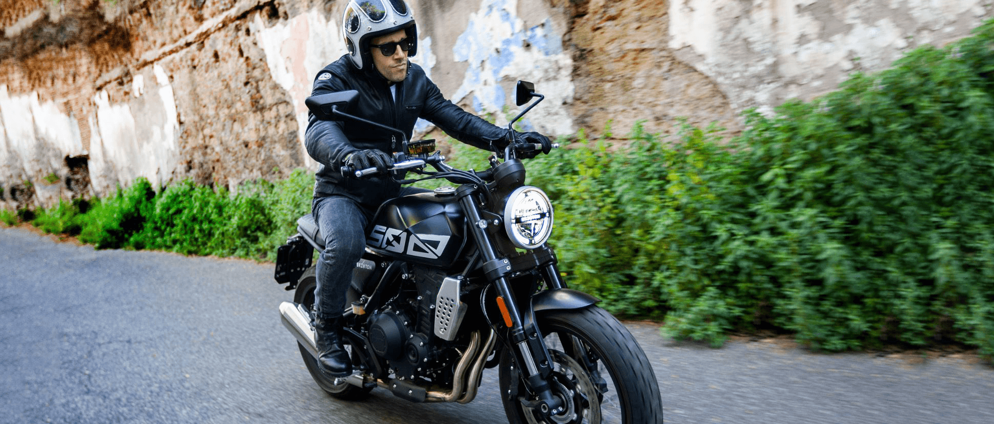 Edoardo Purgatori riding on a Brixton Crossfire 500 X in Backstage Black