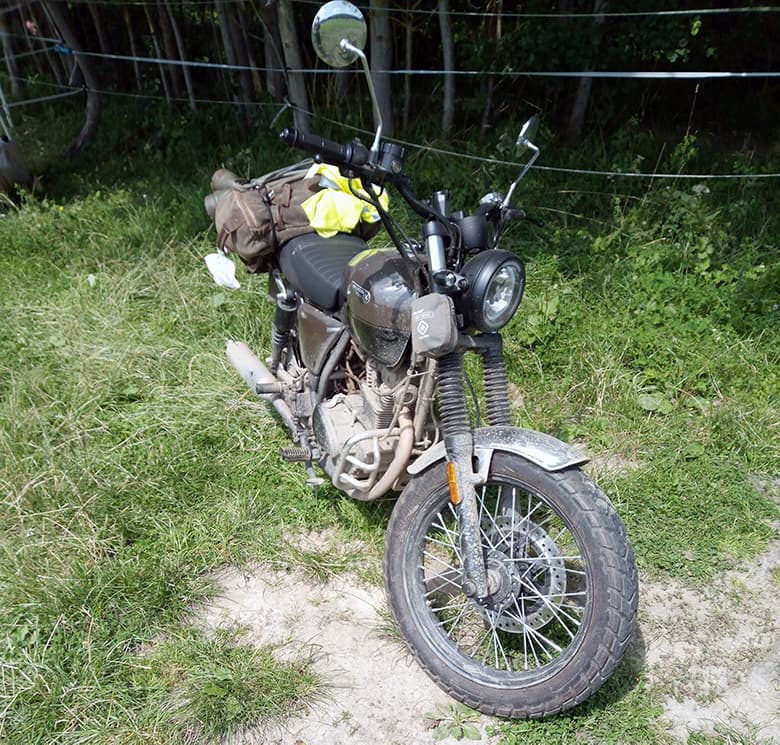A well ridden and dirty Brixton Cromwell 125 in Charly Brown