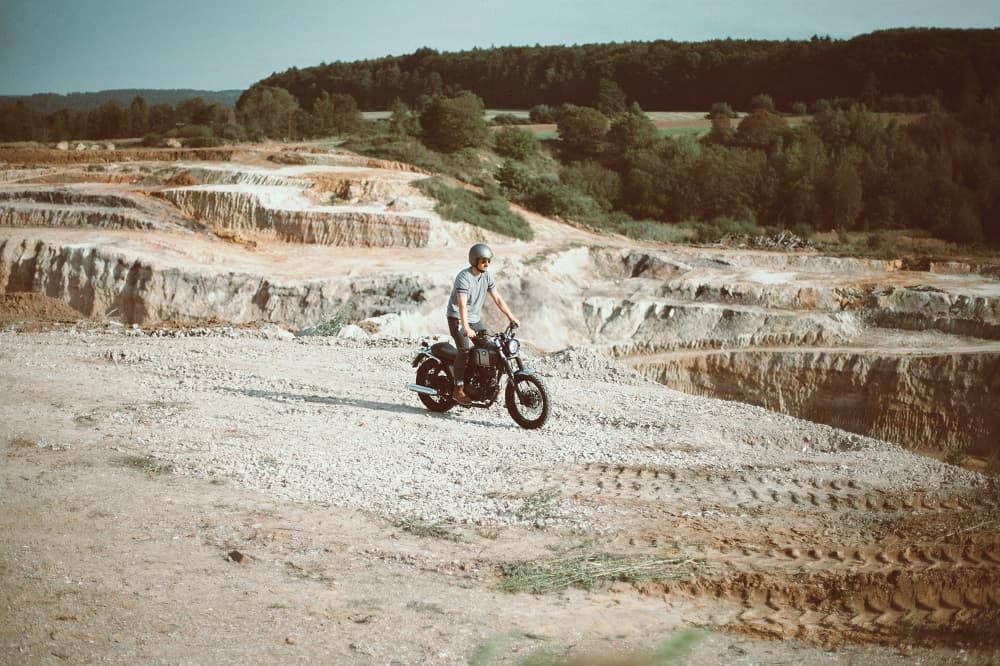 Rider of the Month Sidney riding his Brixton Cromwell 125 in Timberwolf Grey
