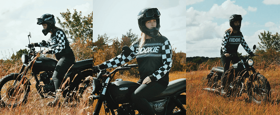 Rider of the Month Joss on her Cromwell 125 in Backstage Black on a field