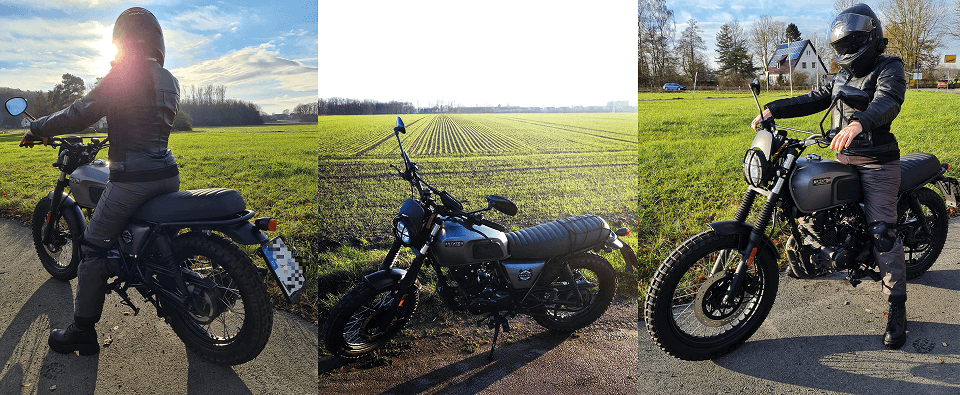 Photomontage of Rider of the month Veronika on her Felsberg 125 in Timberwolf Grey