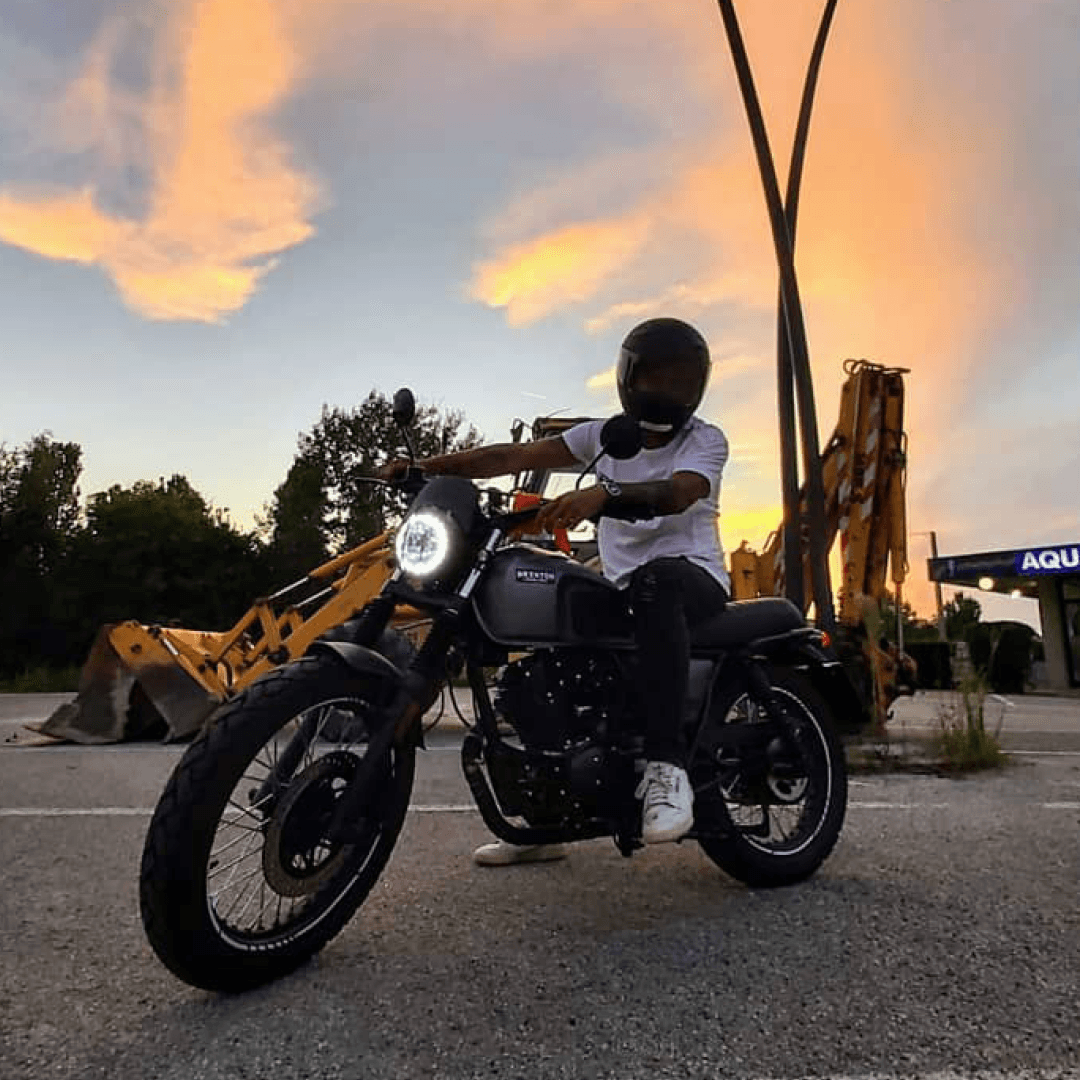 Rider of the Month Chris on his Brixton Felsberg 125 in Timbewolf Grey at sunset