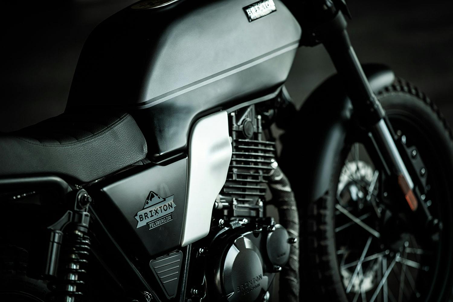 Close-up of the right side of the Brixton Motorcycles Felsberg 250 in Timberwolf Grey