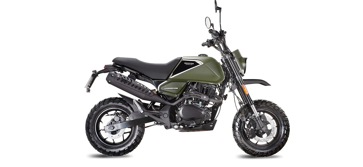 Brixton Crossfire 125 XS in Cargo Green on a white background