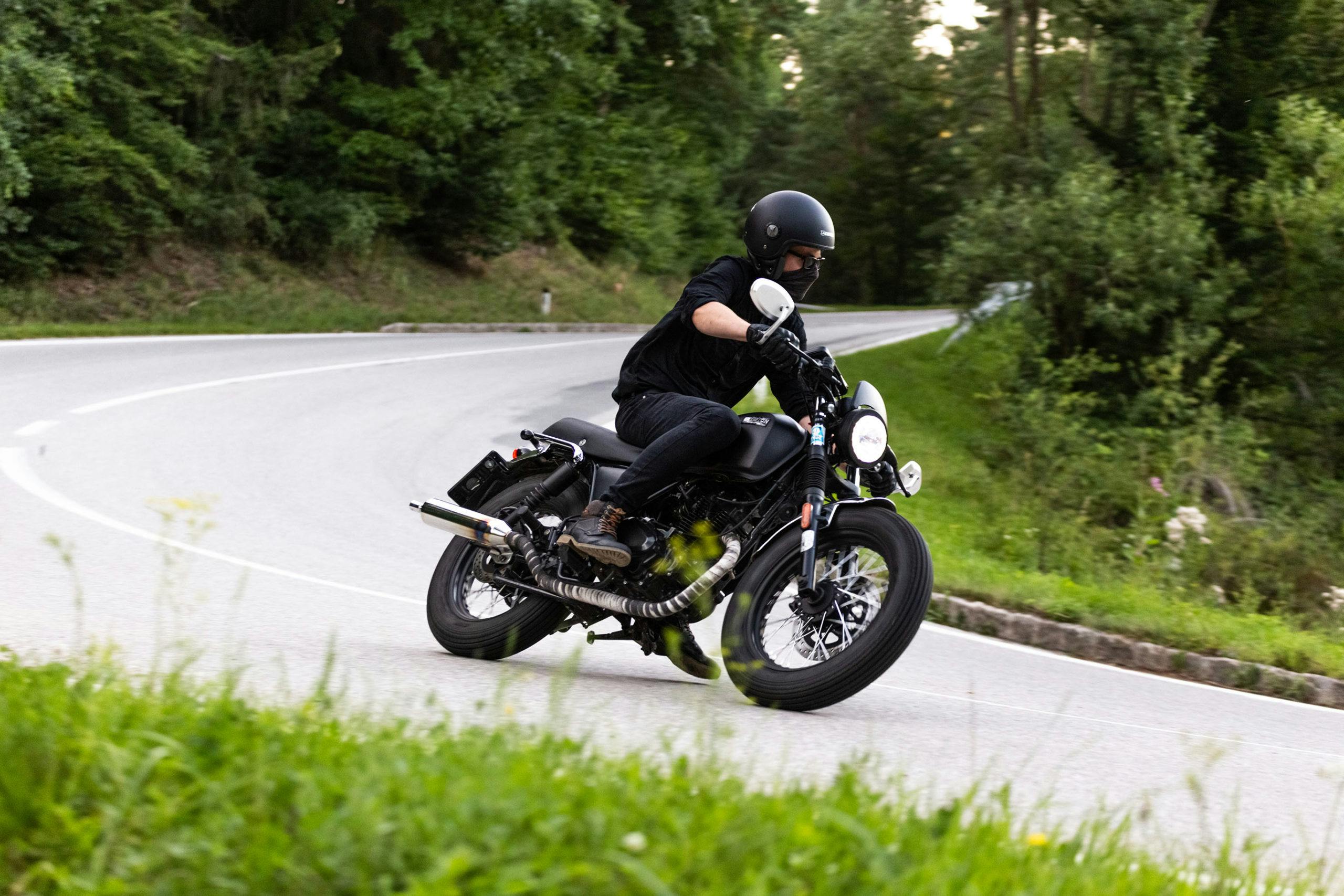Rider of the Month: Robert on his Cromwell 125 riding down a winding mountain road