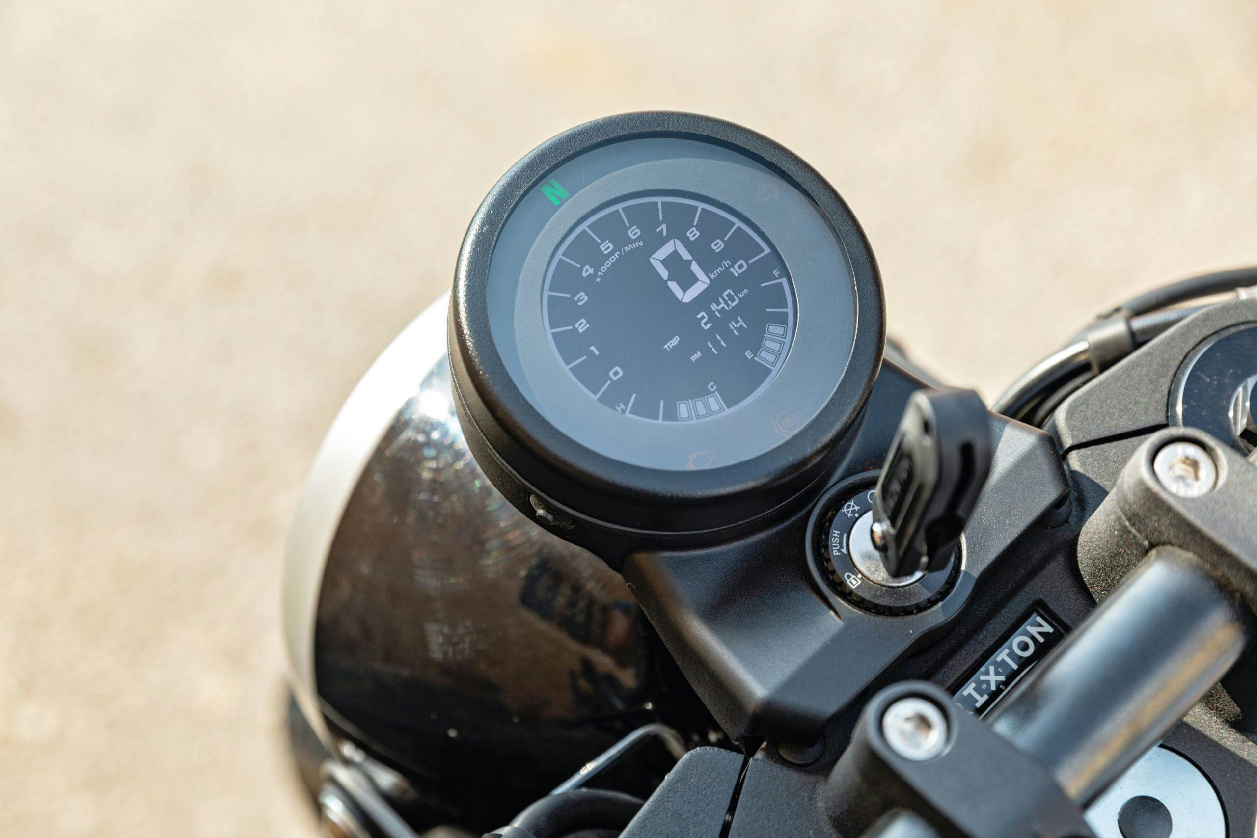 Close-up of the tacho and tft display of a Brixton Crossfire 125
