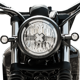 Close-up of the headlight of the Brixton Cromwell 125