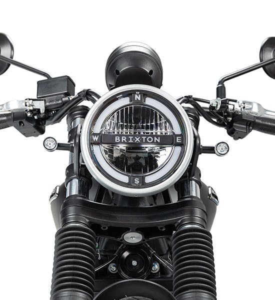 Close-up of the headlights of a Brixton Cromwell 1200 motorcycle