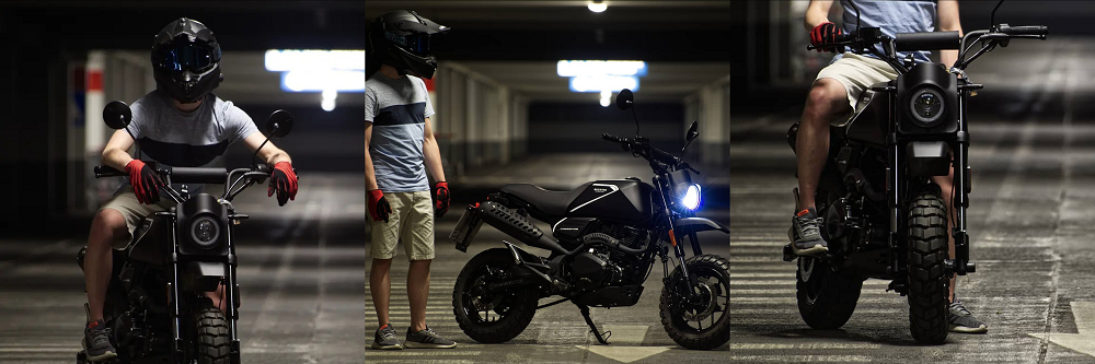Photomontage of Rider of the Month: Marco with his Crossfire 125 XS in Backstage Black