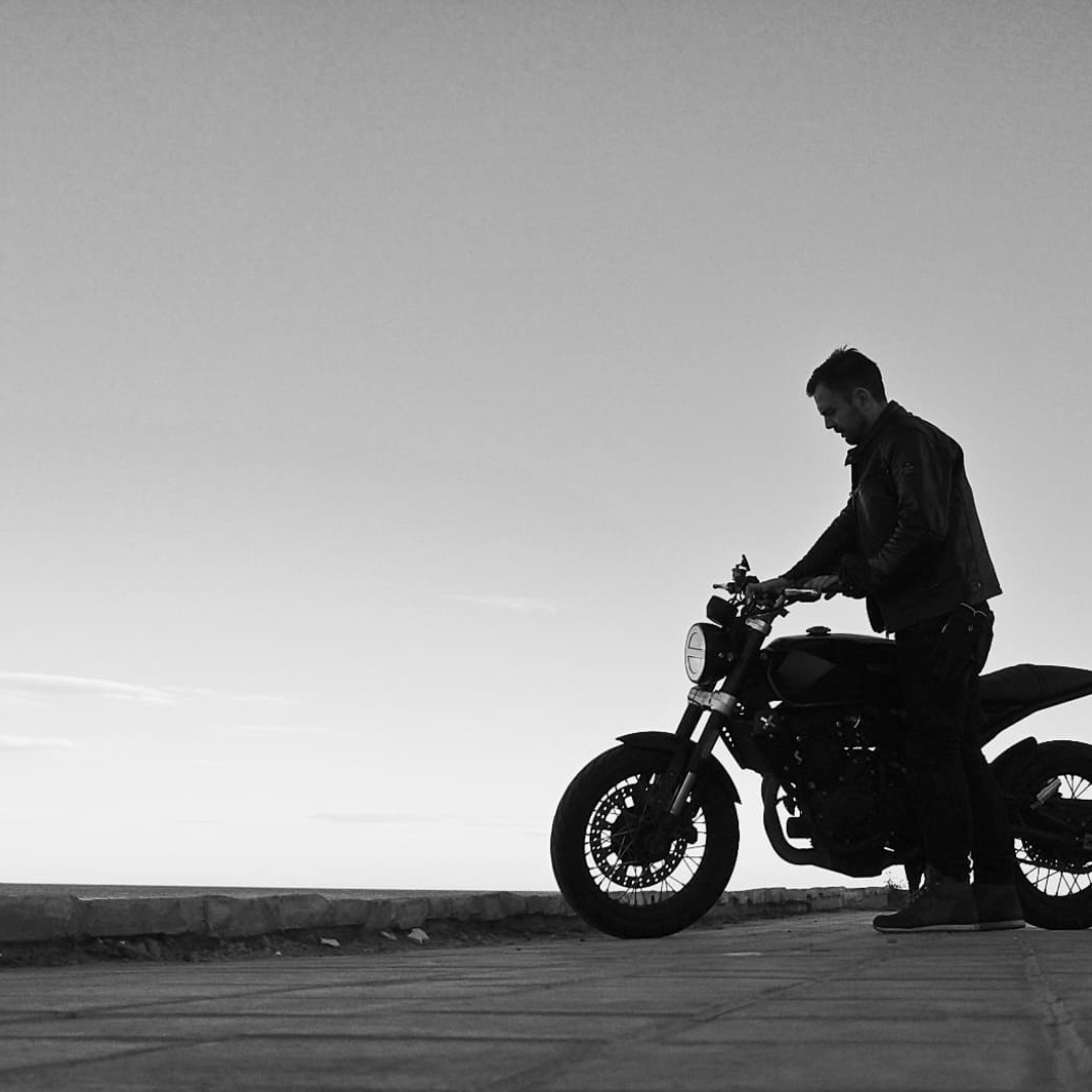 Black and White photo of Rider of the Month Alejandro on his Crossfire 500 X 