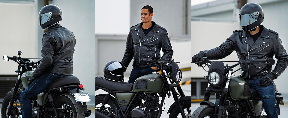 Photomontage of three images showing Rider of the Month Eric in different poses with his Brixton Felsberg 125 in Cargo Green