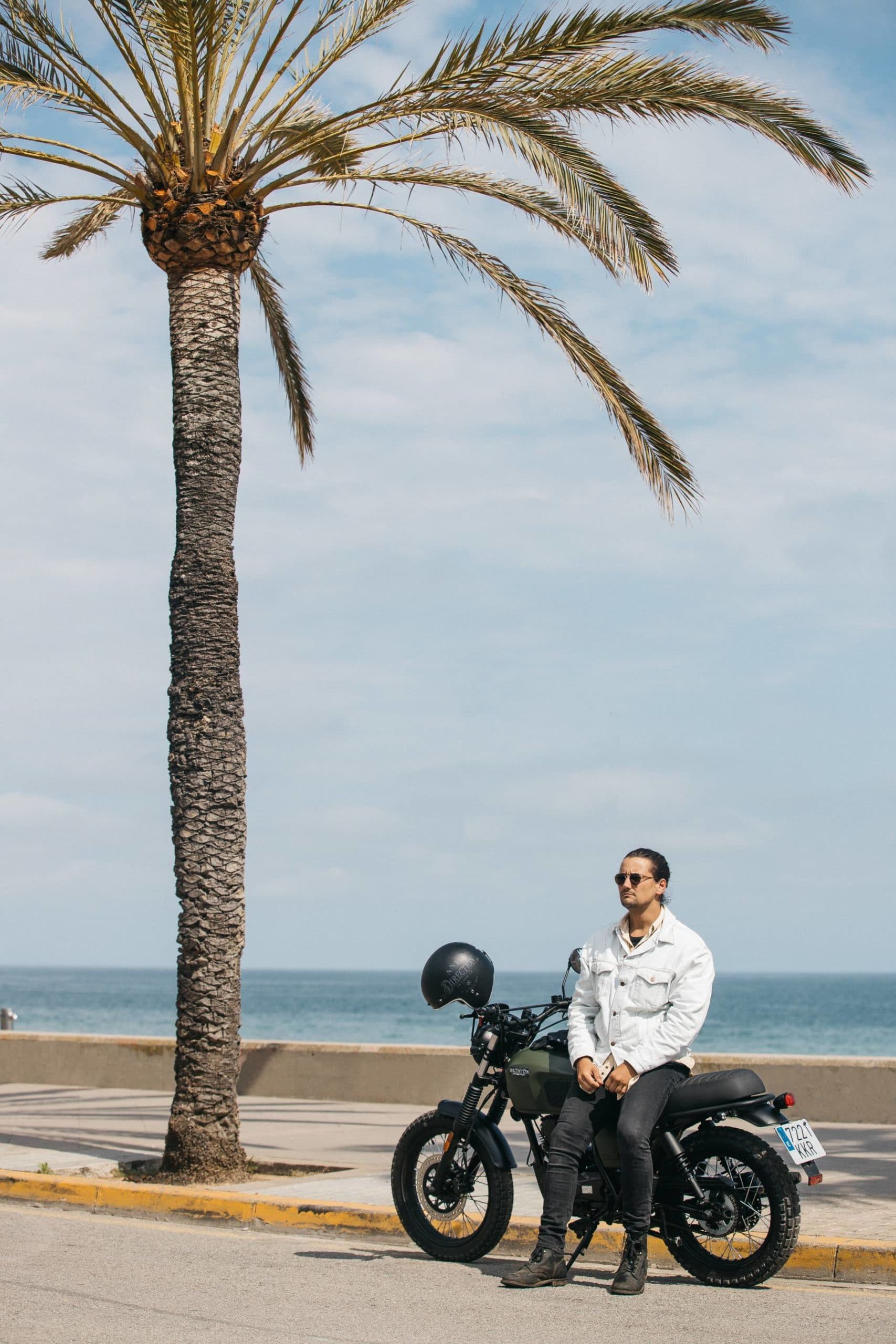 Brixton Motorcycles Felsberg 125 in Cargo Green parked at the beach in front of a palmtree