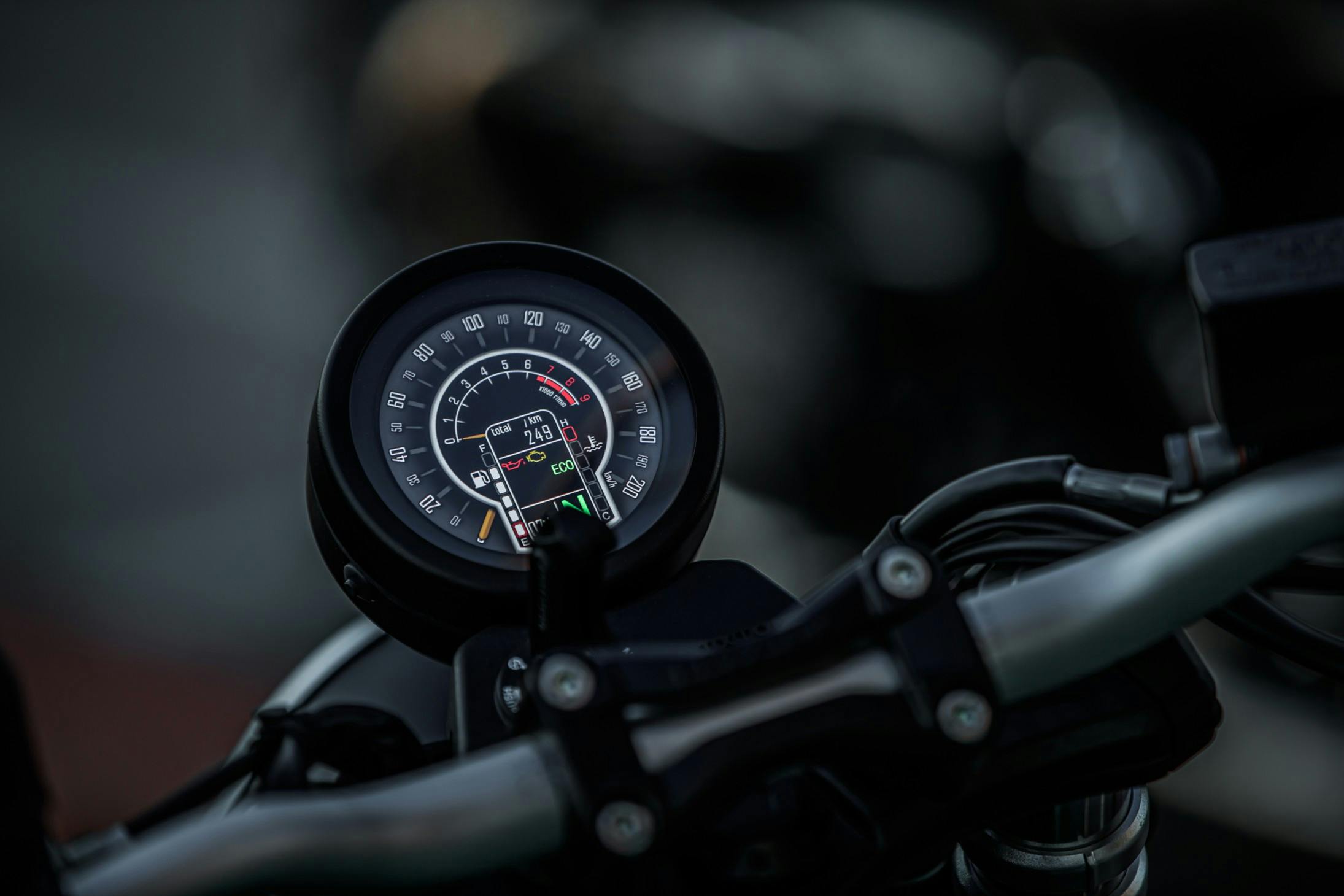 Close-up of the tachometer and display of a Brixton Cromwell 1200 motorcycle