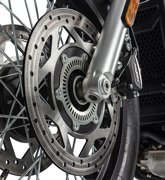 close-up of the brakes of a Brixton motorcycle