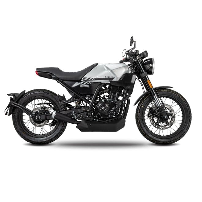Brixton Crossfire 125 in Bullet Silver on a white background